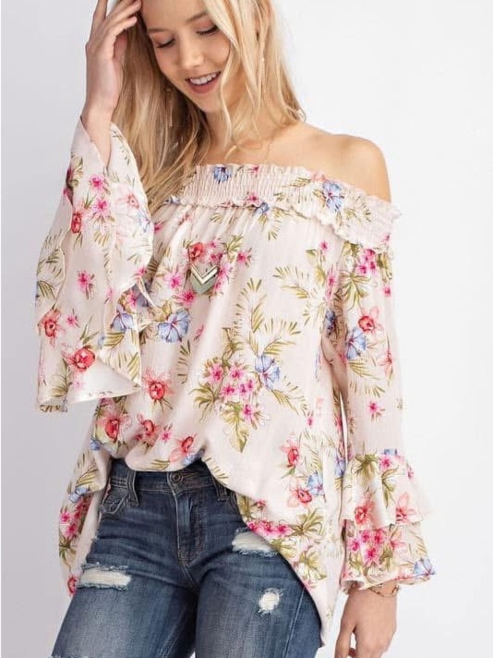 Off-Shoulder Floral Blouse in Blush Pink